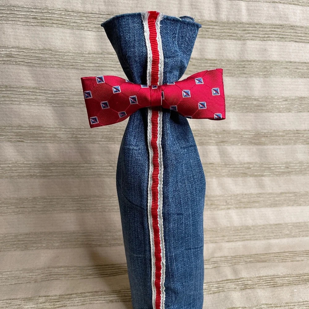 Handcrafted Wine or Liquor Bottle Gift Bag Made From Denim and Tie